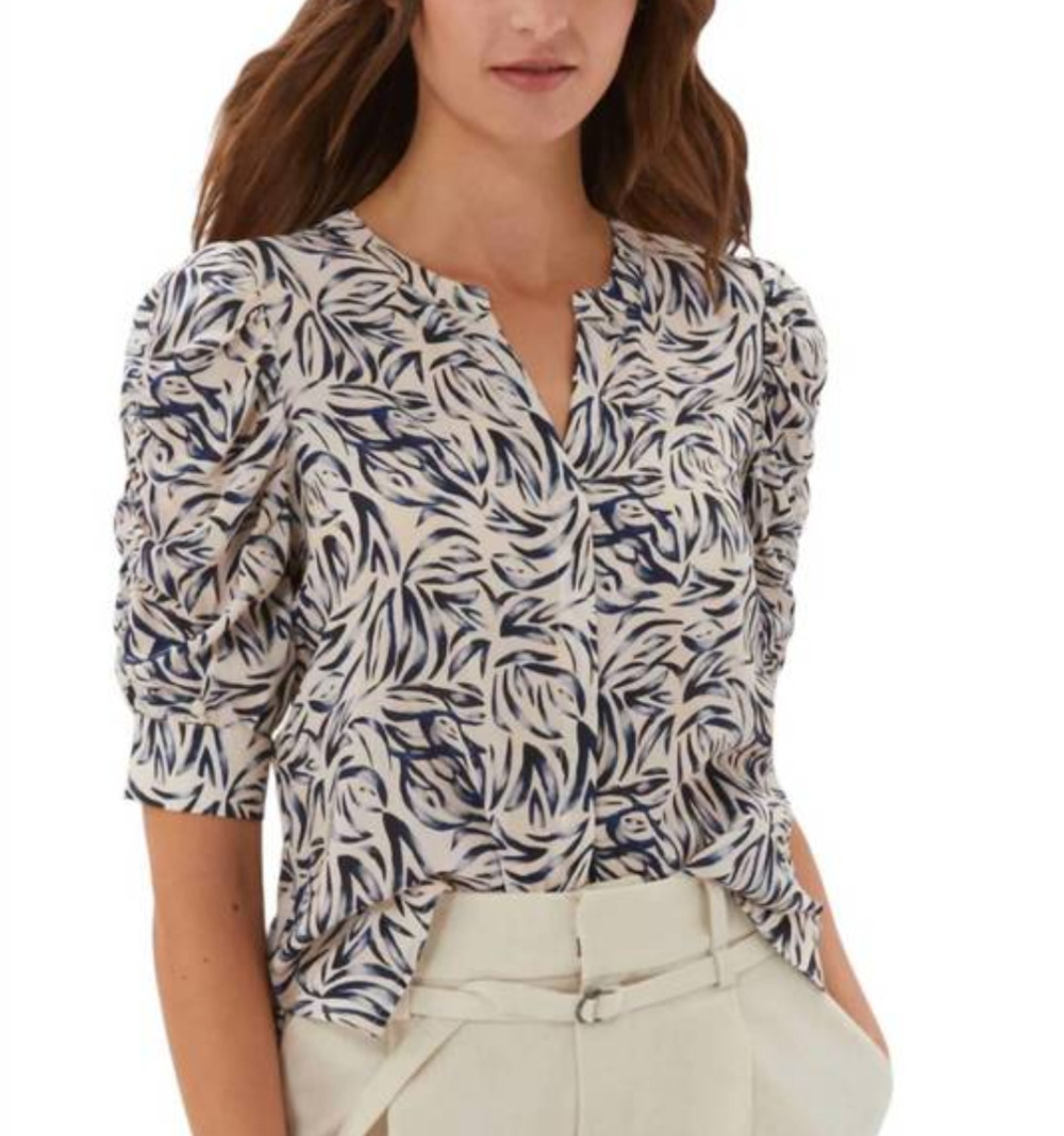 Ecru Blanchett Cinched Puff Sleeve Silk Blend Blouse in Equinox
